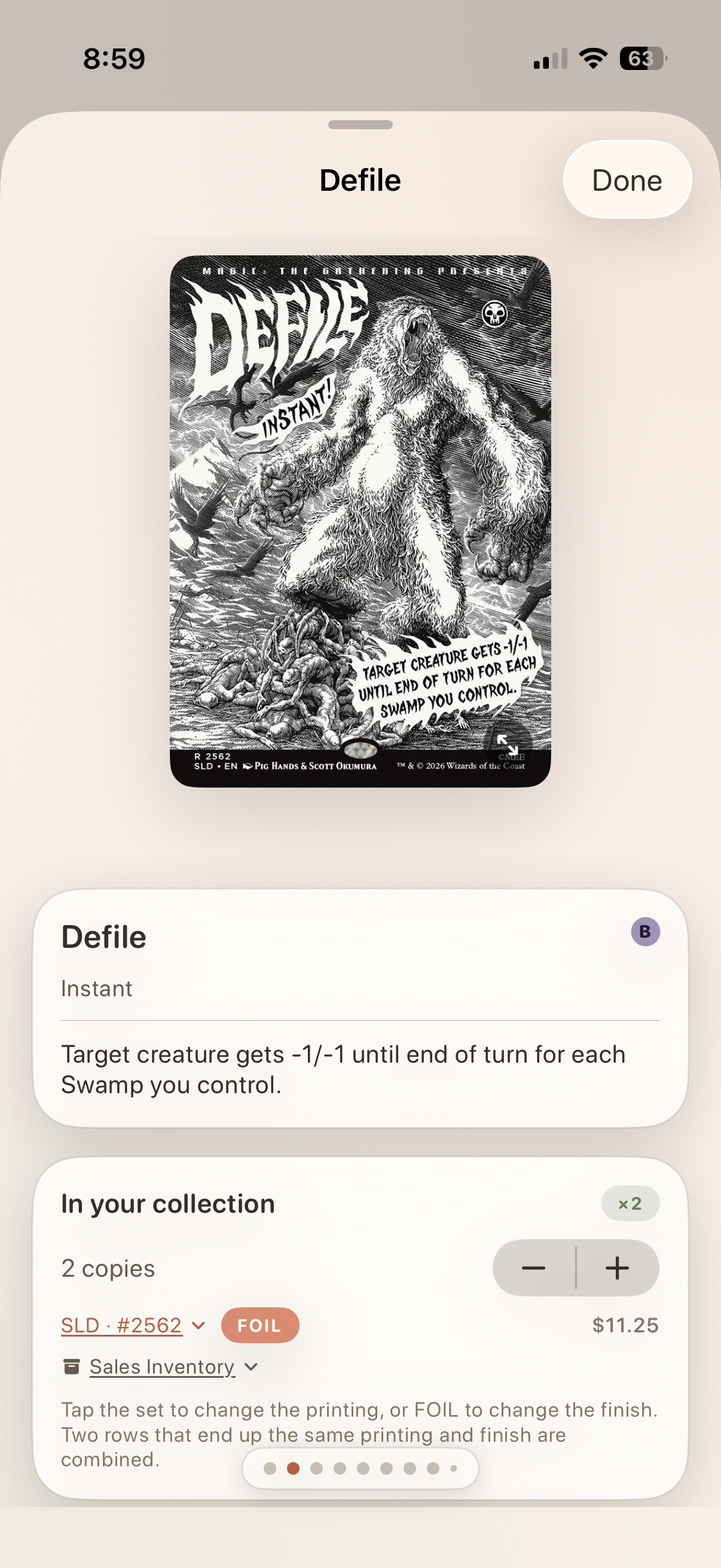 A card's own screen — art, rules, your copies, printings
