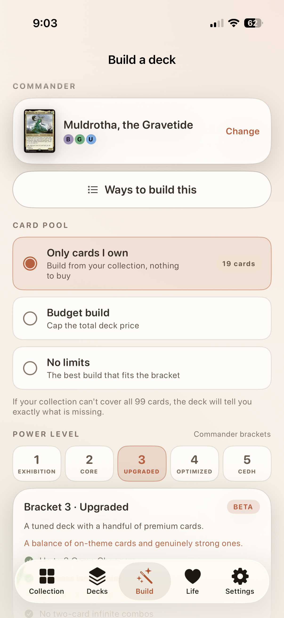 The Build screen — commander chosen, bracket row visible