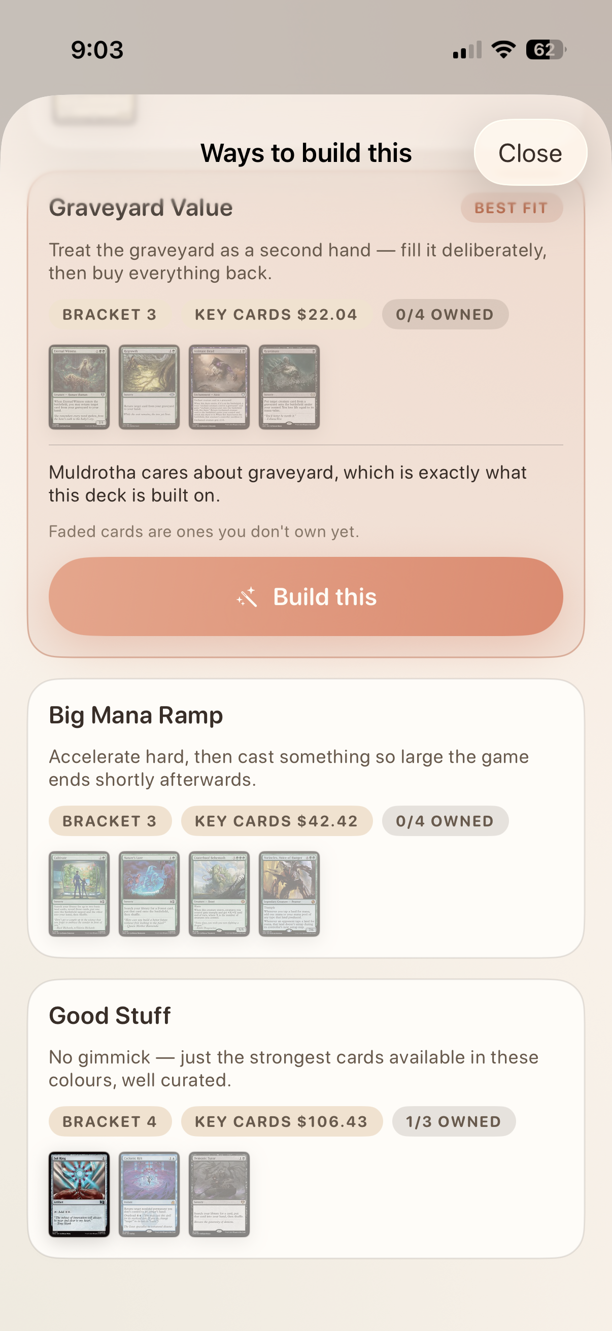 Ways to build this — ranked archetypes with owned counts
