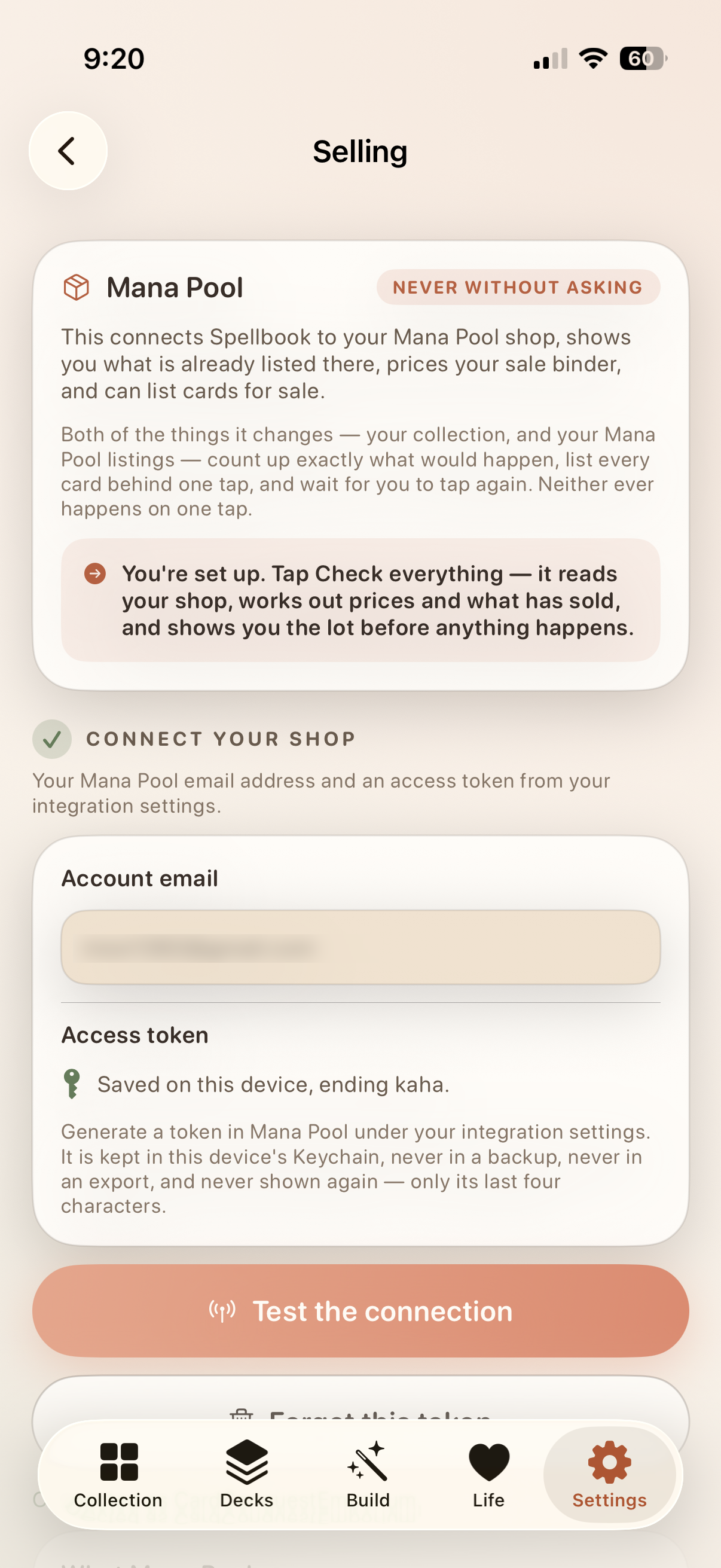 The Selling screen with a connected Mana Pool shop